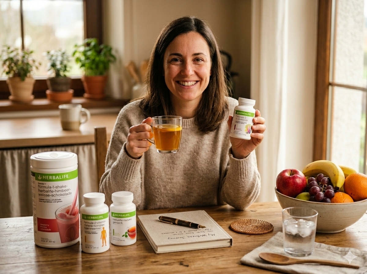 Frau hält eine Packung Herbalife Multivitamin in der Hand, daneben Kräutertee-Konzentrat und Basis-Programm auf einem Küchentisch